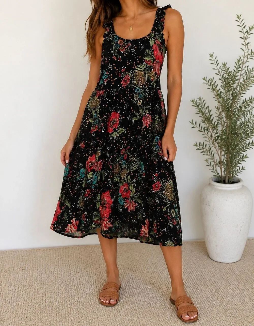 Maurices 24/7 Floral Midi Dress Medium Black Ruffle Strap Boho Cottagecore